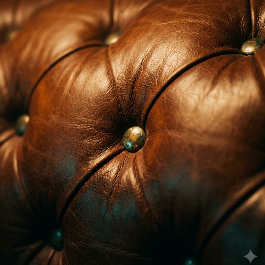 Tufted cognac leather with brass studs