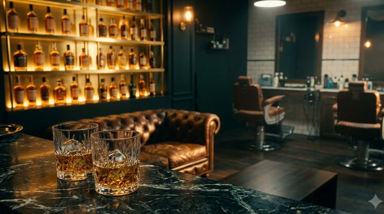 Whisky bar with backlit amber bottles