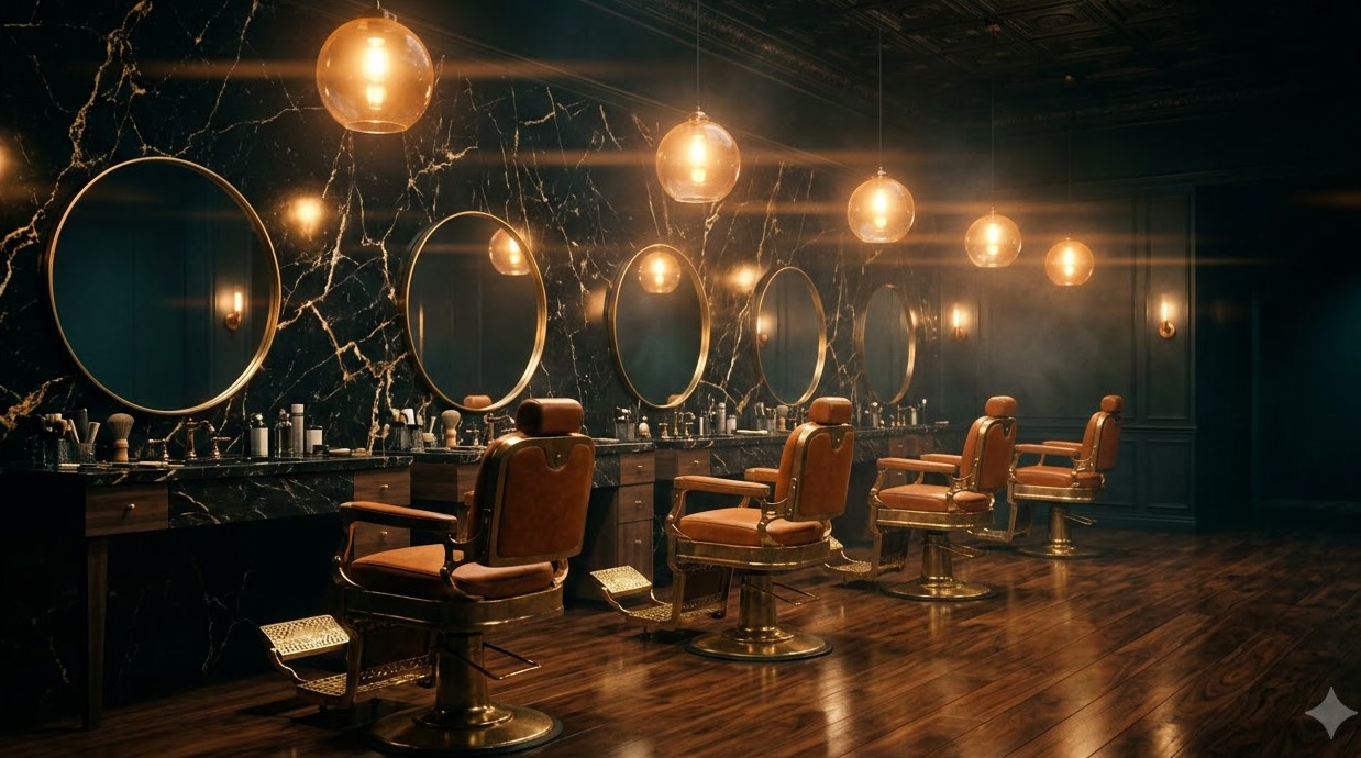 Row of cognac leather barber chairs under amber pendant lights