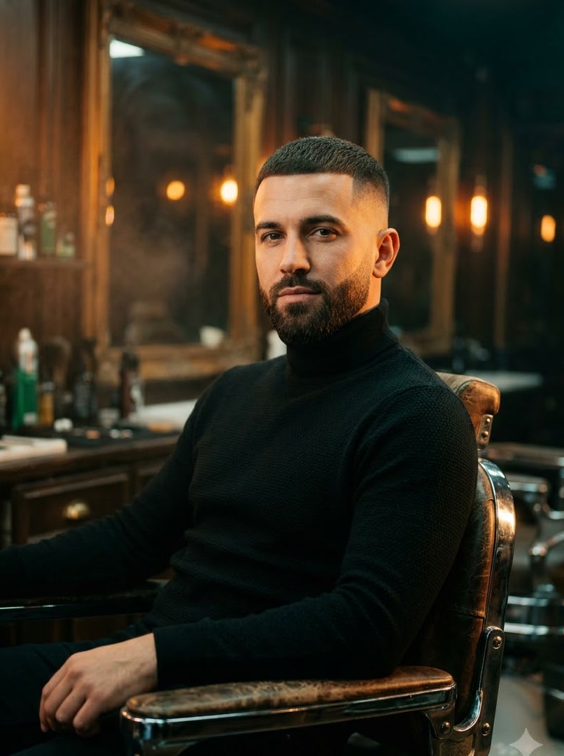 Client in a black turtleneck with a sharp fade