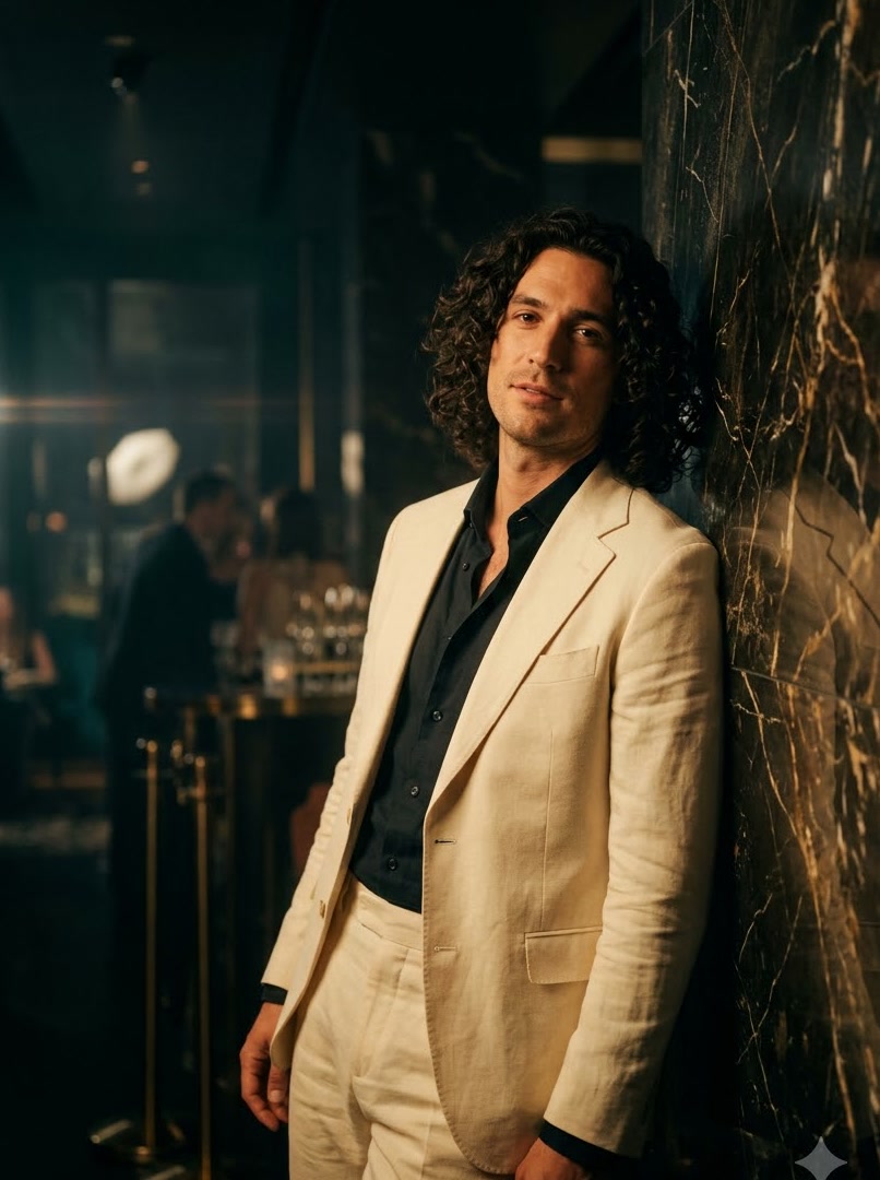 Client with long curly hair in a cream suit