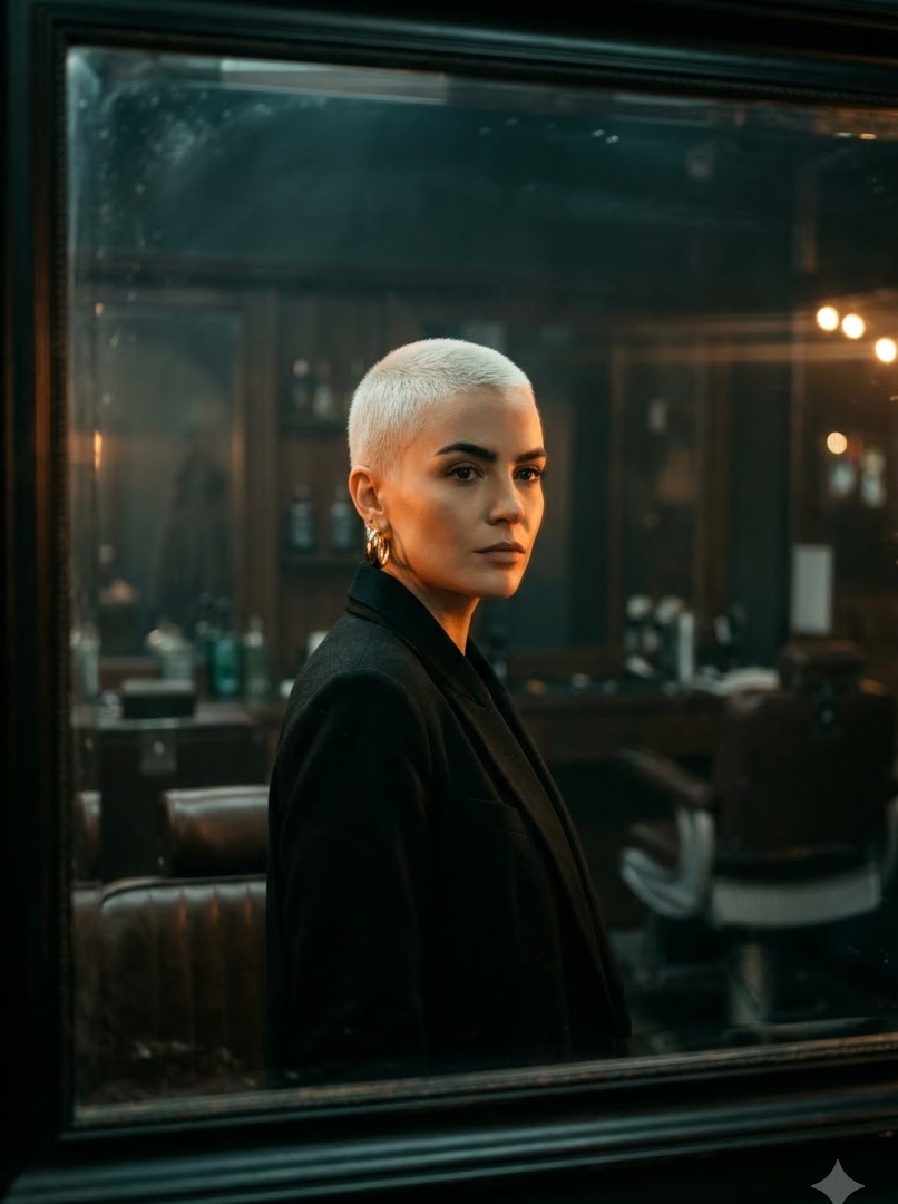 Client with a platinum buzz cut and gold earrings