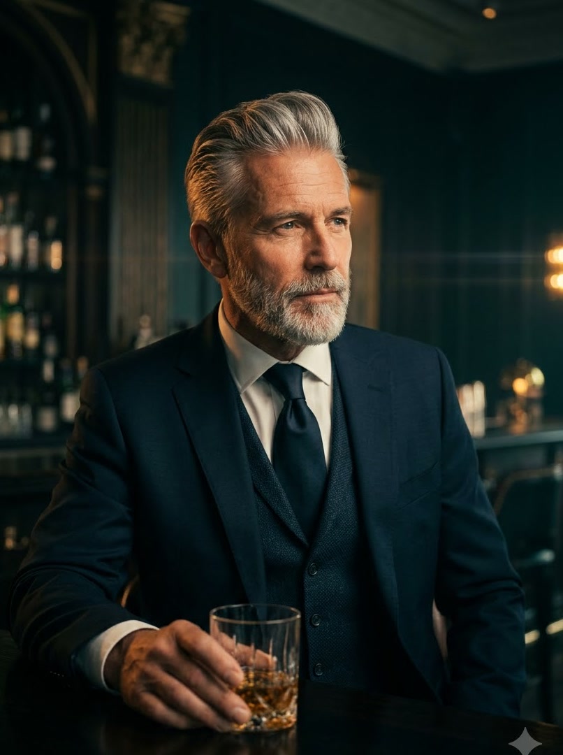 Older gentleman with a silver pompadour holding whisky