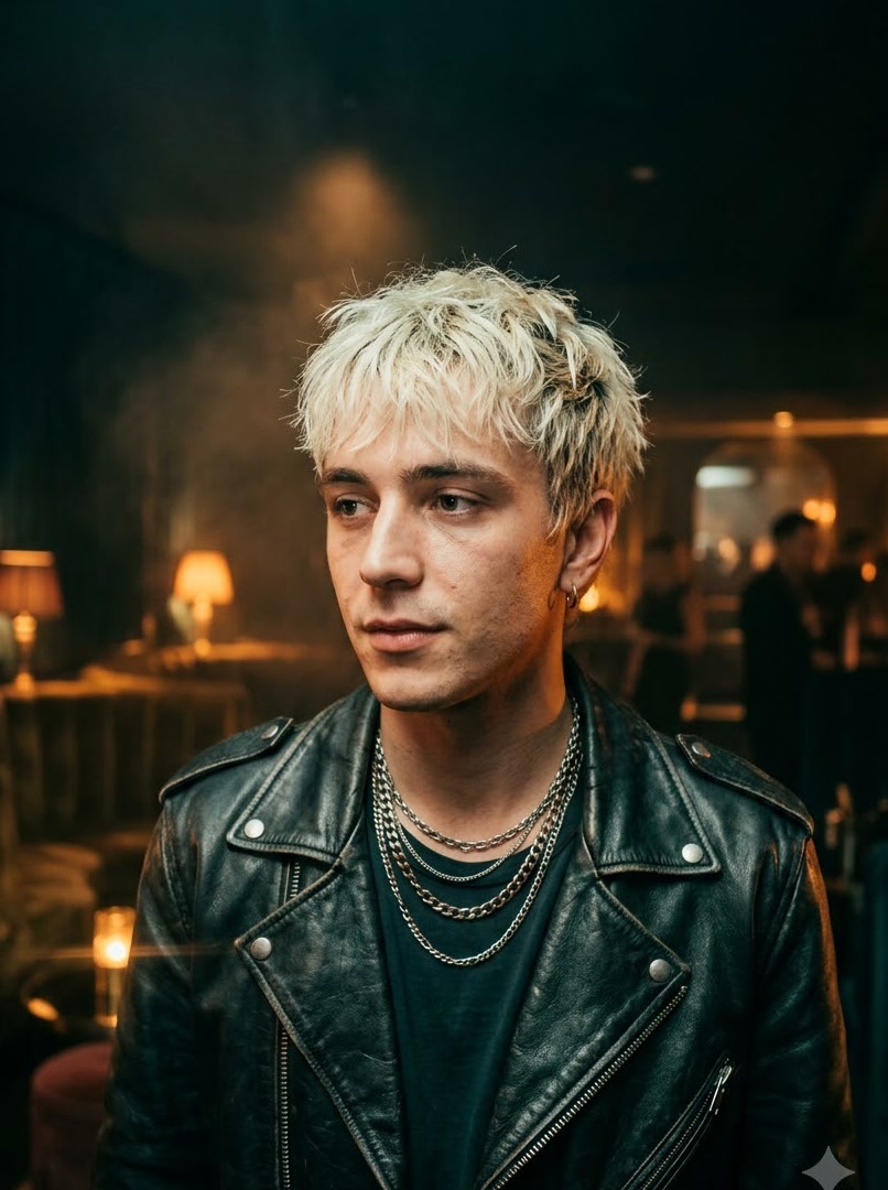 Musician with a bleached crop in a leather jacket