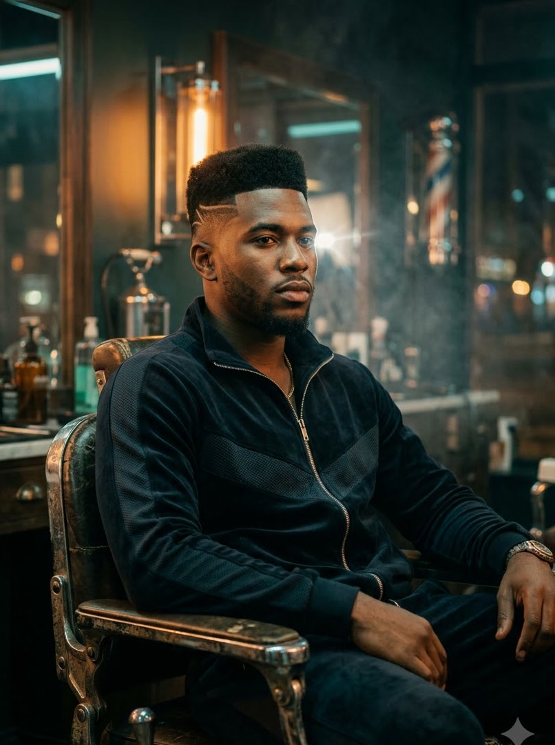Athlete with a high-top fade in a barber chair