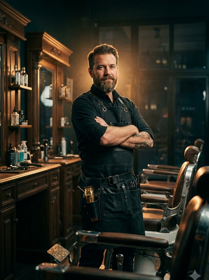 Master barber Leon in a black apron, arms crossed