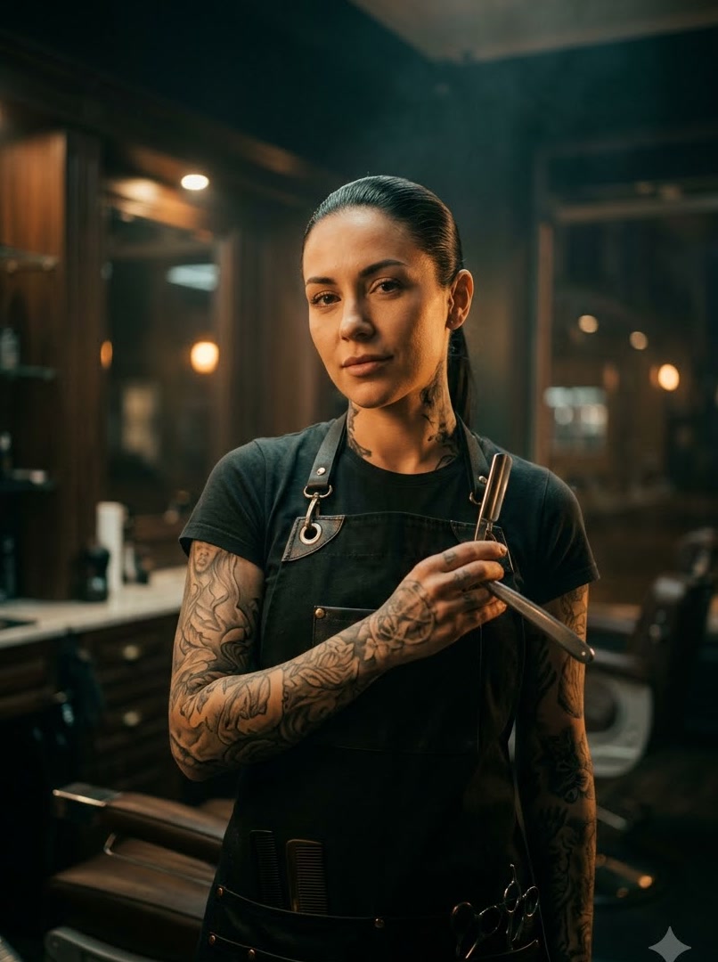 Barber Mara holding a straight razor