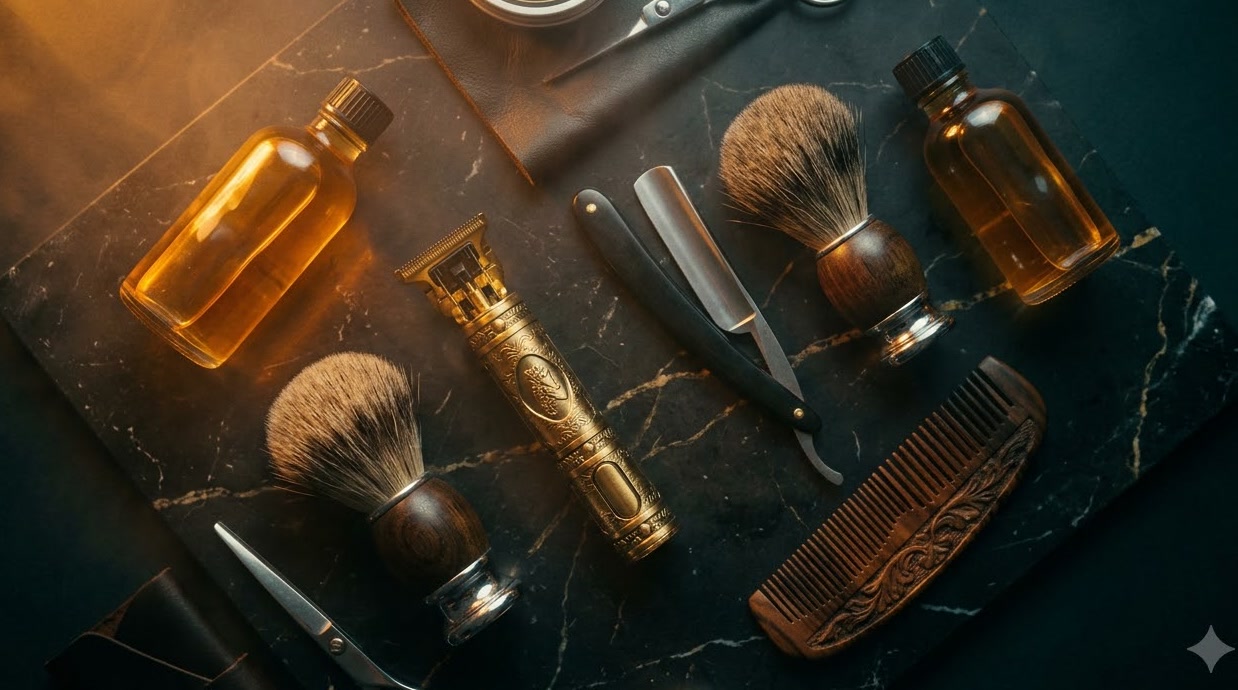 Gold clippers, straight razor, brush and beard oils laid out on black marble